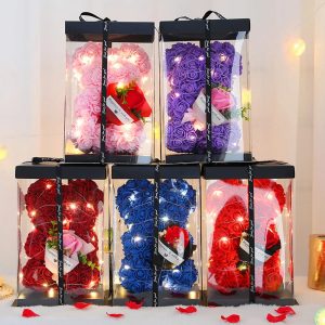 25cm Teddy Rose Bear with Lighted Box Artificial Flower Gift for Valentine's Day and Special Occasions