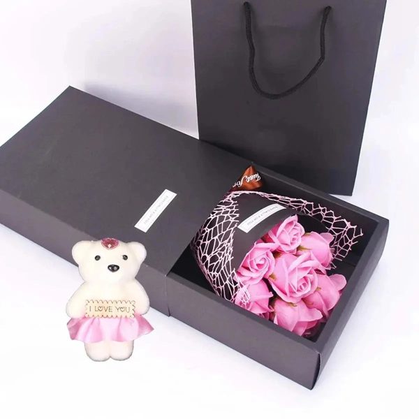 7-Head Rose Bouquet with Little Bear Gift Box – Handmade Gift for Valentine’s Day, Mother’s Day, or Birthday