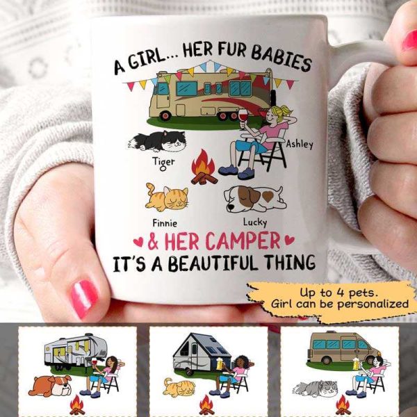 A Camping Girl And Her Fur Babies Dogs Cats Personalized Mug A Camping Girl And Her Fur Babies Dogs Cats Personalized Mug