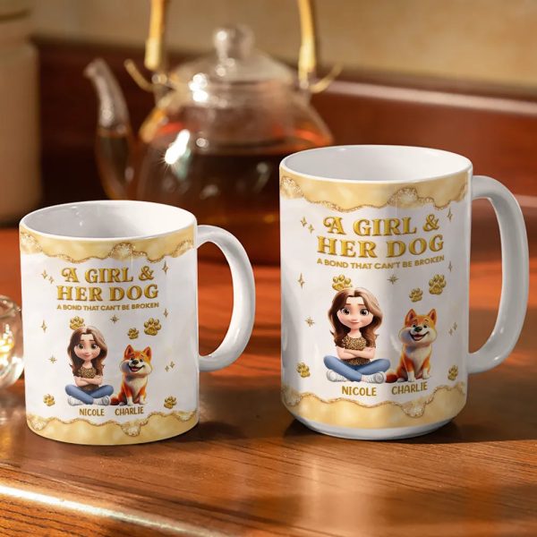 A Girl And Her Dog A Bond Can't Be Broken Gold Effect - Personalized White Edge-to-Edge Mug A Girl And Her Dog A Bond Can't Be Broken Gold Effect - Personalized White Edge-to-Edge Mug