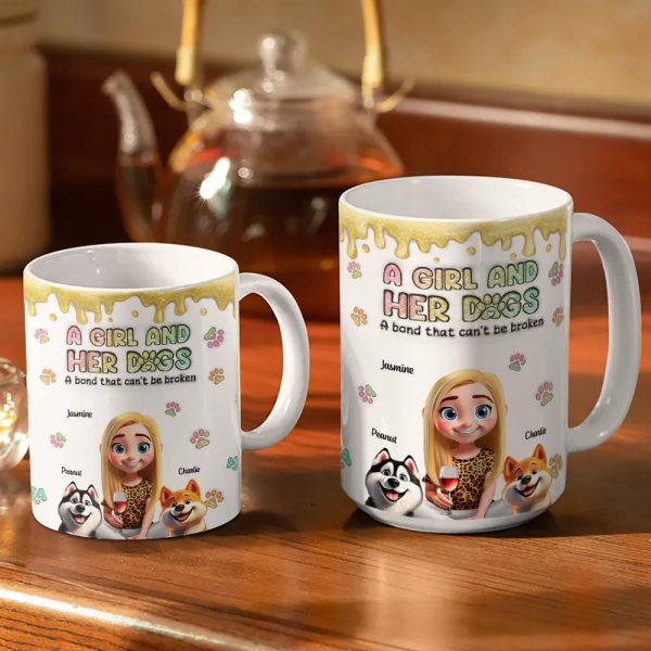 A Girl And Her Dogs 3D Effect Glitter - Personalized White Edge-to-Edge Mug