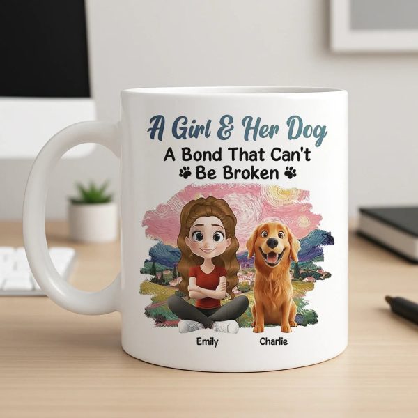 A Girl & Her Dog Ceramic Mug, Personalized Keepsake Gift for Dog Moms, Cute Sunset Illustration for Cozy Coffee A Girl & Her Dog Ceramic Mug, Personalized Keepsake Gift for Dog Moms, Cute Sunset Illustration for Cozy Coffee