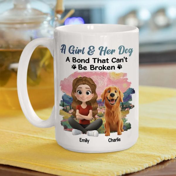 A Girl & Her Dog Ceramic Mug, Personalized Keepsake Gift for Dog Moms, Cute Sunset Illustration for Cozy Coffee A Girl & Her Dog Ceramic Mug, Personalized Keepsake Gift for Dog Moms, Cute Sunset Illustration for Cozy Coffee