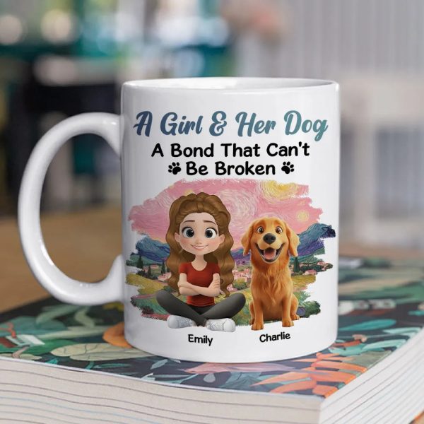 A Girl & Her Dog Ceramic Mug, Personalized Keepsake Gift for Dog Moms, Cute Sunset Illustration for Cozy Coffee A Girl & Her Dog Ceramic Mug, Personalized Keepsake Gift for Dog Moms, Cute Sunset Illustration for Cozy Coffee