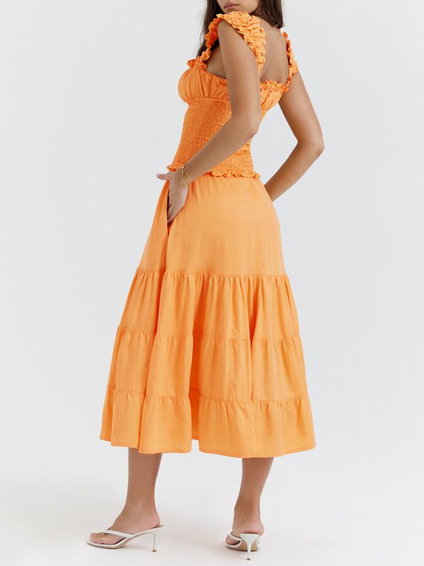 A-line Shirred Frill Trim Front Tie Midi Dress A-line Shirred Frill Trim Front Tie Midi Dress