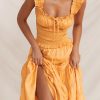 A-line Shirred Frill Trim Front Tie Midi Dress A-line Shirred Frill Trim Front Tie Midi Dress