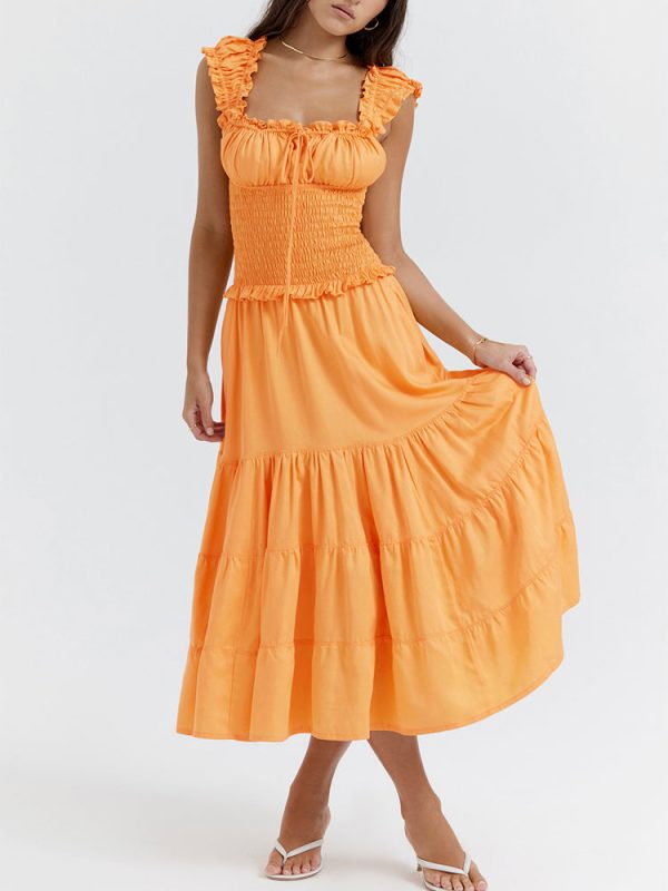 A-line Shirred Frill Trim Front Tie Midi Dress A-line Shirred Frill Trim Front Tie Midi Dress