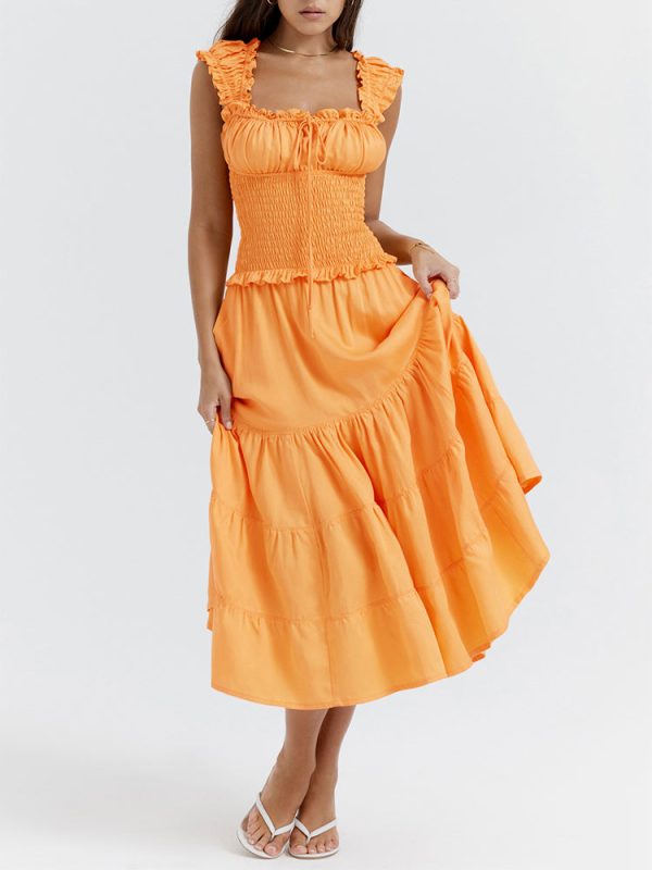 A-line Shirred Frill Trim Front Tie Midi Dress A-line Shirred Frill Trim Front Tie Midi Dress