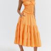 A-line Shirred Frill Trim Front Tie Midi Dress A-line Shirred Frill Trim Front Tie Midi Dress
