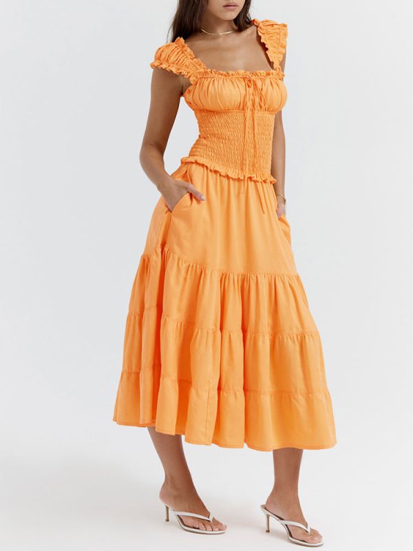 A-line Shirred Frill Trim Front Tie Midi Dress A-line Shirred Frill Trim Front Tie Midi Dress