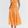 A-line Shirred Frill Trim Front Tie Midi Dress A-line Shirred Frill Trim Front Tie Midi Dress