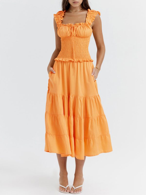 A-line Shirred Frill Trim Front Tie Midi Dress A-line Shirred Frill Trim Front Tie Midi Dress