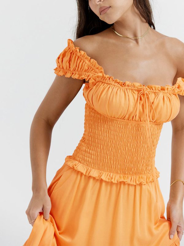 A-line Shirred Frill Trim Front Tie Midi Dress A-line Shirred Frill Trim Front Tie Midi Dress