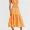 A-line Shirred Frill Trim Front Tie Midi Dress A-line Shirred Frill Trim Front Tie Midi Dress