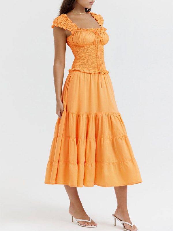 A-line Shirred Frill Trim Front Tie Midi Dress A-line Shirred Frill Trim Front Tie Midi Dress