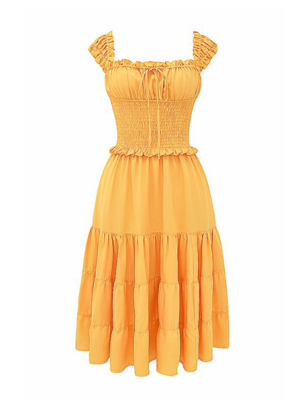 A-line Shirred Frill Trim Front Tie Midi Dress A-line Shirred Frill Trim Front Tie Midi Dress