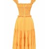 A-line Shirred Frill Trim Front Tie Midi Dress A-line Shirred Frill Trim Front Tie Midi Dress