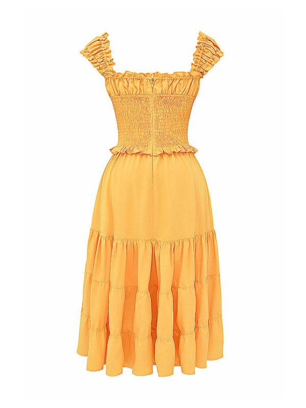 A-line Shirred Frill Trim Front Tie Midi Dress A-line Shirred Frill Trim Front Tie Midi Dress