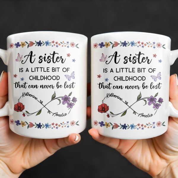 A Sister Is A Little Bit Of Childhood With Flowers And Butterfly - Personalized Custom Coffee Mug - BST436_MG A Sister Is A Little Bit Of Childhood With Flowers And Butterfly - Personalized Custom Coffee Mug - BST436_MG