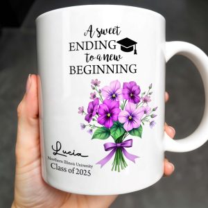 A Sweet Ending To A New Beginning, Flowers and Graduation Cap - Personalized Custom Coffee Mug - GRAD286_MG