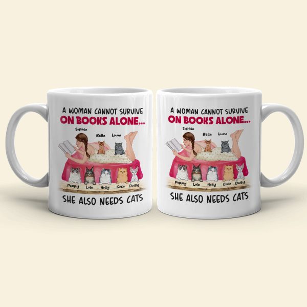 A Woman Cannot Survive On Books Alone, Girl Book Cat White Mug