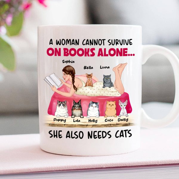 A Woman Cannot Survive On Books Alone, Girl Book Cat White Mug