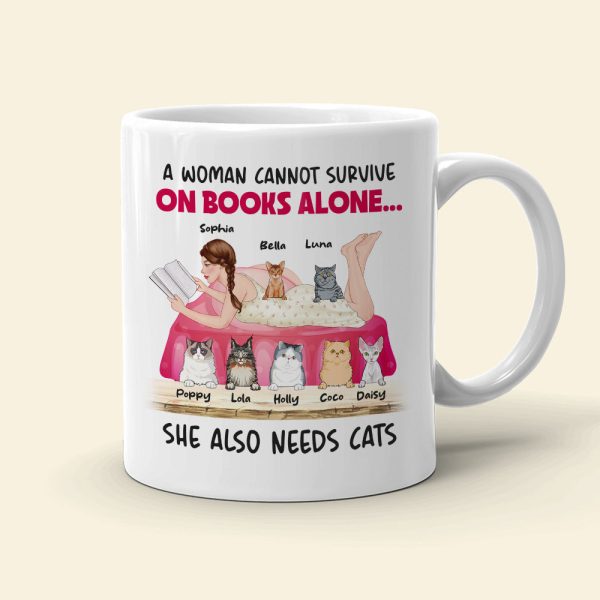A Woman Cannot Survive On Books Alone, Girl Book Cat White Mug