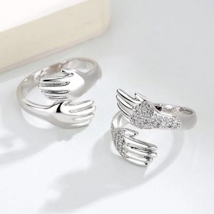 Adjustable Hug Hands Couple Ring in Silver Tone