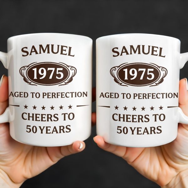 Aged To Perfection, Cheers To 50 Years, Stars and Text Banner - Personalized Custom Coffee Mug - FAM328_MG