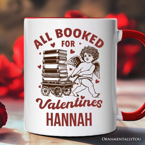 All Booked For Valentines Cupid Personalized Mug, Vintage Funny Bookworm Gift with Custom Name