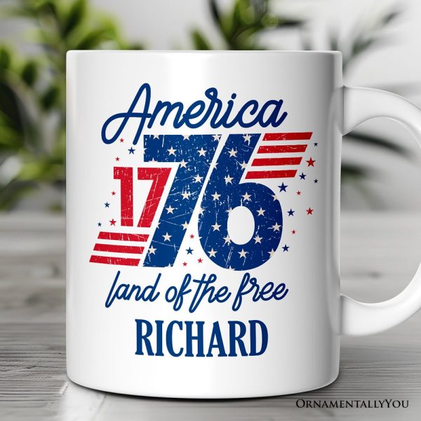 America 1776 Land of the Free Personalized Mug, Vintage 4th of July Gift with Custom Name America 1776 Land of the Free Personalized Mug, Vintage 4th of July Gift with Custom Name