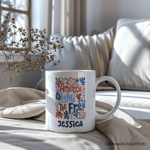America Land of the Free Personalized Mug, Retro Floral Independence Day Gift with Custom Name America Land of the Free Personalized Mug, Retro Floral Independence Day Gift with Custom Name