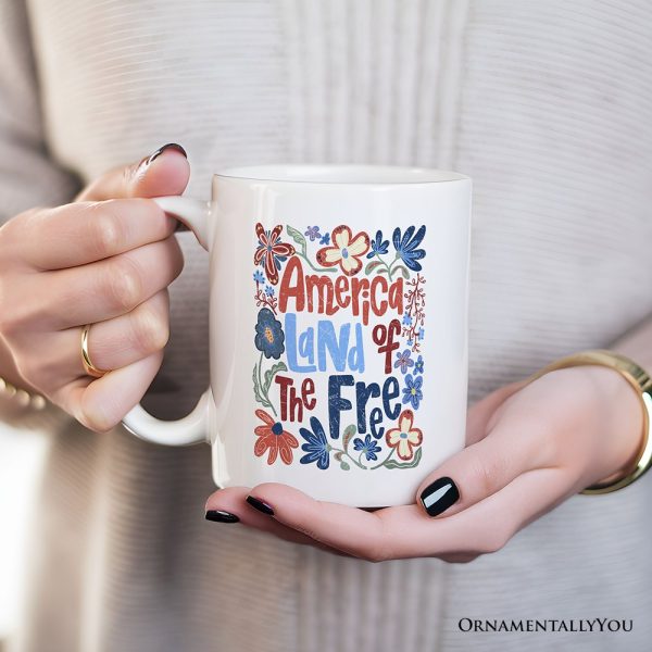 America Land of the Free Personalized Mug, Retro Floral Independence Day Gift with Custom Name America Land of the Free Personalized Mug, Retro Floral Independence Day Gift with Custom Name