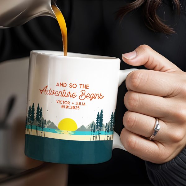 And So The Adventure Begins Featuring Mountains And Sunrise - Personalized Custom Coffee Mug - CPL494_MG And So The Adventure Begins Featuring Mountains And Sunrise - Personalized Custom Coffee Mug - CPL494_MG