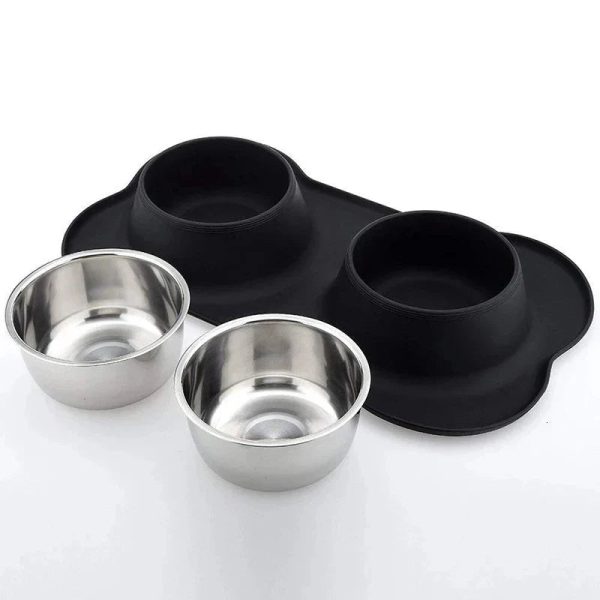 Antislip Double Dog Bowl with Silicone Mat Stainless Steel Antislip Double Dog Bowl with Silicone Mat Stainless Steel