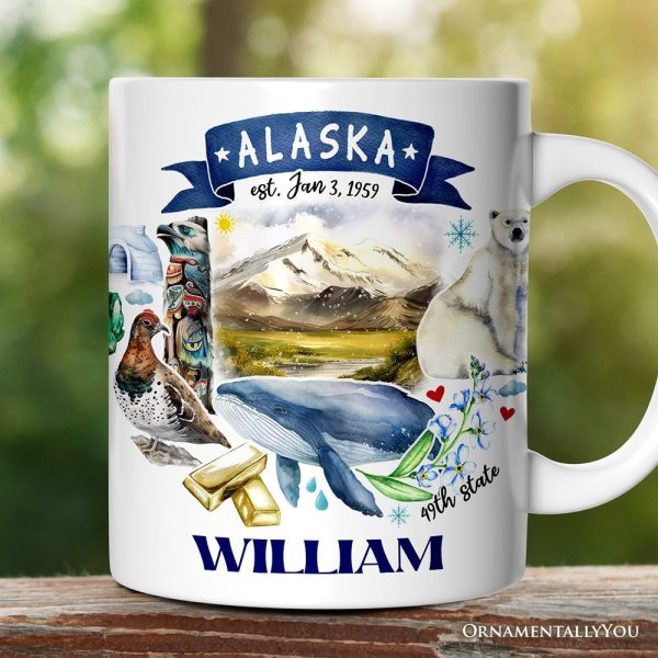 Artistic Alaska State Themes and Landmarks Personalized Mug With Custom Name Artistic Alaska State Themes and Landmarks Personalized Mug With Custom Name