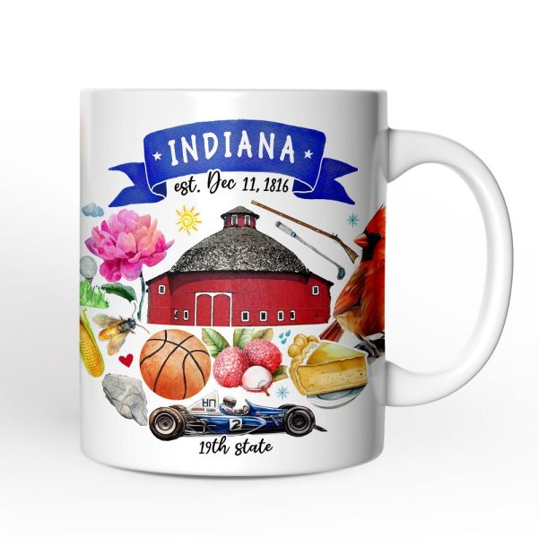 Artistic Indiana State Themes and Landmarks Personalized Mug With Custom Name Artistic Indiana State Themes and Landmarks Personalized Mug With Custom Name