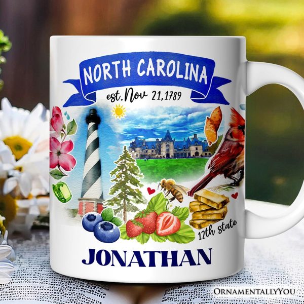 Artistic North Carolina State Themes and Landmarks Personalized Mug With Custom Name Artistic North Carolina State Themes and Landmarks Personalized Mug With Custom Name