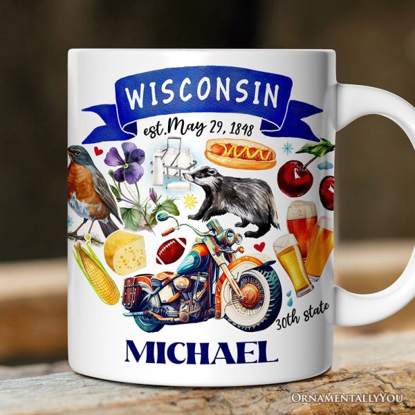 Artistic Wisconsin State Themes and Landmarks Personalized Mug With Custom Name Artistic Wisconsin State Themes and Landmarks Personalized Mug With Custom Name