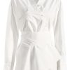 Asymmetric Button Up Long Sleeve Belted Shirt Mini Dress - White Asymmetric Button Up Long Sleeve Belted Shirt Mini Dress - White