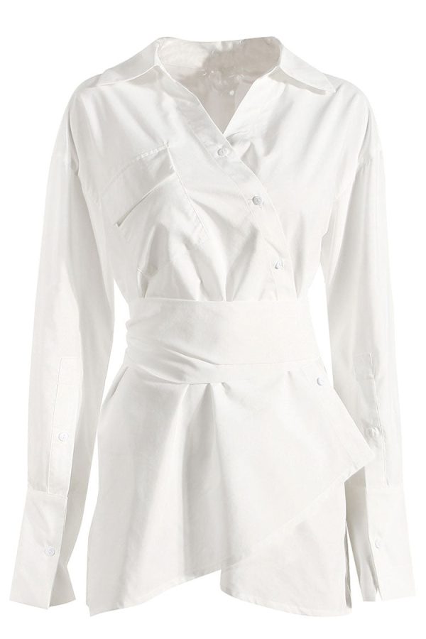 Asymmetric Button Up Long Sleeve Belted Shirt Mini Dress - White Asymmetric Button Up Long Sleeve Belted Shirt Mini Dress - White