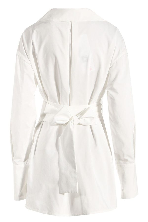 Asymmetric Button Up Long Sleeve Belted Shirt Mini Dress - White Asymmetric Button Up Long Sleeve Belted Shirt Mini Dress - White