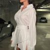Asymmetric Button Up Long Sleeve Belted Shirt Mini Dress - White Asymmetric Button Up Long Sleeve Belted Shirt Mini Dress - White