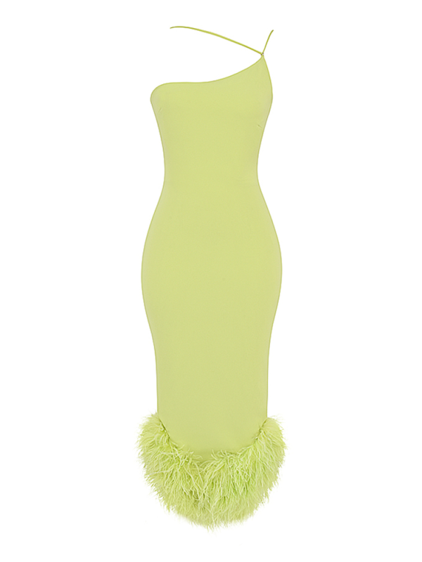 Asymmetric Neckline Feather Trim Midi Dress