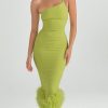 Asymmetric Neckline Feather Trim Midi Dress