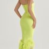 Asymmetric Neckline Feather Trim Midi Dress