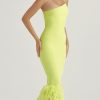 Asymmetric Neckline Feather Trim Midi Dress