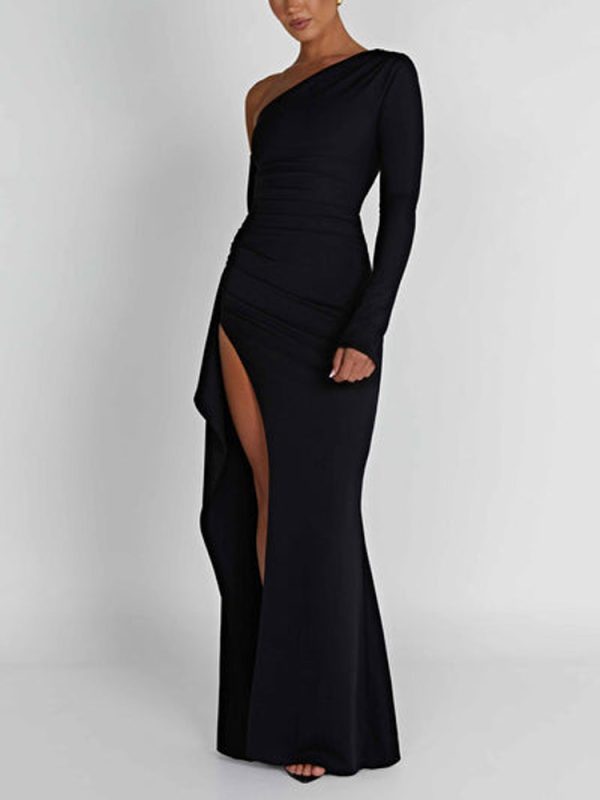 Asymmetric One Shoulder High Slit Drape Maxi Dress Asymmetric One Shoulder High Slit Drape Maxi Dress