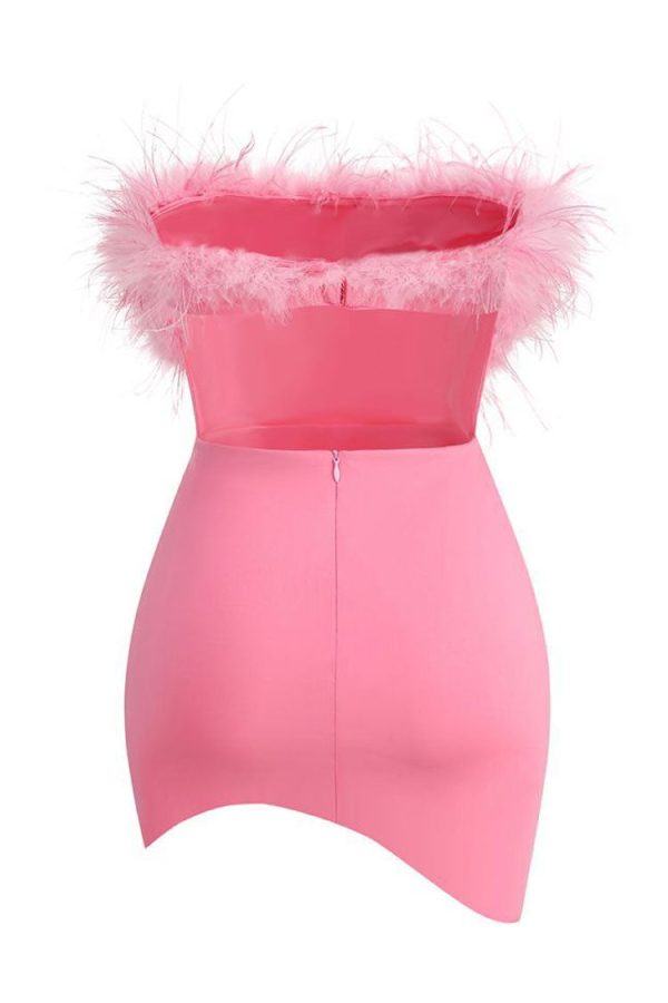 Asymmetrical Faux Feather Trim Cutout Back Strapless Party Mini Dress - Rose Asymmetrical Faux Feather Trim Cutout Back Strapless Party Mini Dress - Rose