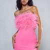 Asymmetrical Faux Feather Trim Cutout Back Strapless Party Mini Dress - Rose Asymmetrical Faux Feather Trim Cutout Back Strapless Party Mini Dress - Rose